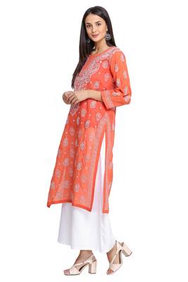 Ada Hand Embroidered Rust Cotton Lucknowi Chikan Kurti 3