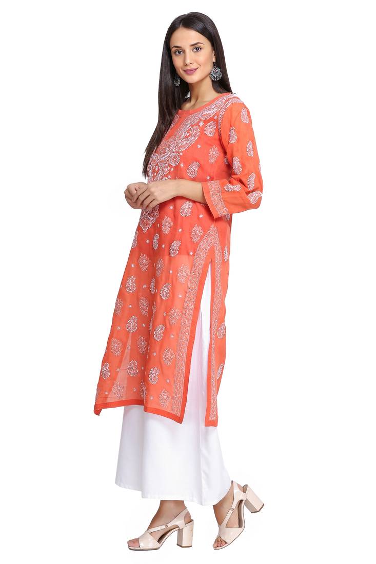 Ada Hand Embroidered Rust Cotton Lucknowi Chikan Kurti