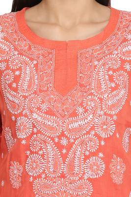 Ada Hand Embroidered Rust Cotton Lucknowi Chikan Kurti 4