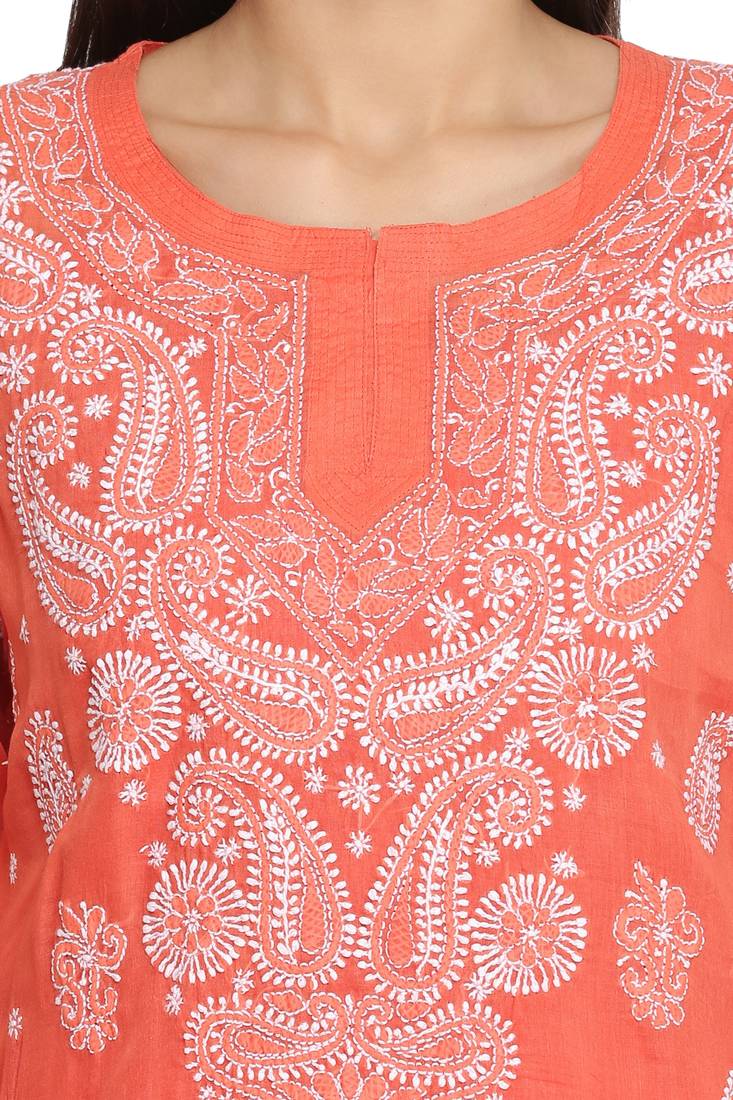 Ada Hand Embroidered Rust Cotton Lucknowi Chikan Kurti