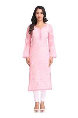 Ada Hand Embroidered Pink Cotton Lucknowi Chikan Kurti  1