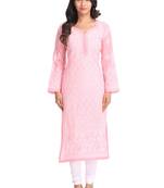 Ada Hand Embroidered Pink Cotton Lucknowi Chikan Kurti 