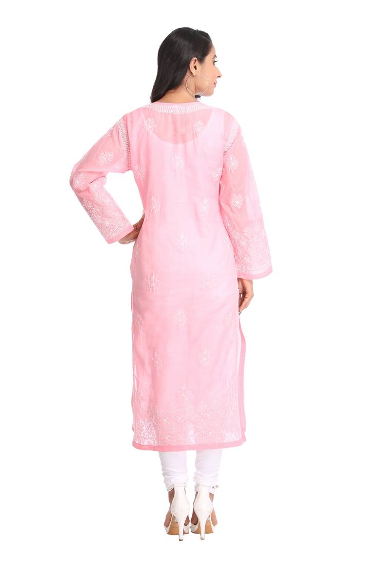 Ada Hand Embroidered Pink Cotton Lucknowi Chikan Kurti 