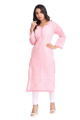 Ada Hand Embroidered Pink Cotton Lucknowi Chikan Kurti  3