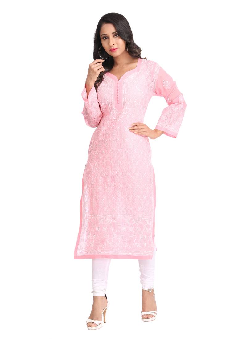 Ada Hand Embroidered Pink Cotton Lucknowi Chikan Kurti 