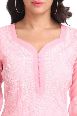 Ada Hand Embroidered Pink Cotton Lucknowi Chikan Kurti  4