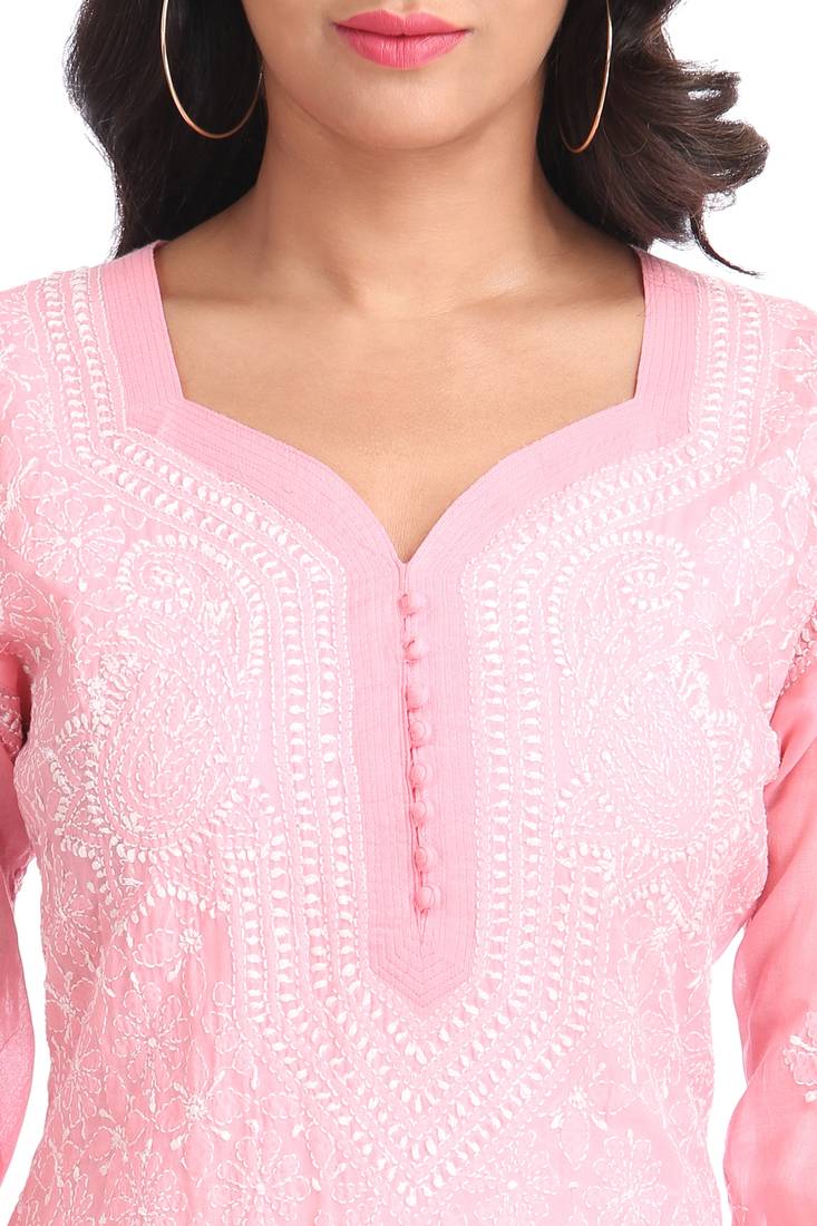 Ada Hand Embroidered Pink Cotton Lucknowi Chikan Kurti 