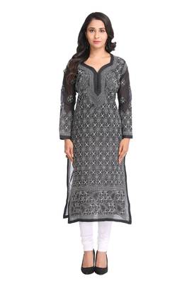 Ada Hand Embroidered Black Cotton Lucknow Chikan Kurti  2