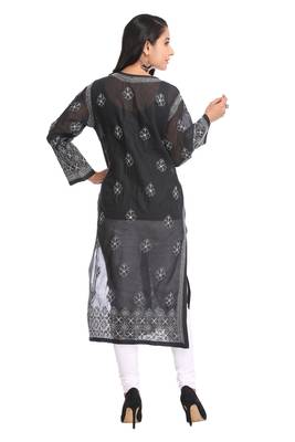 Ada Hand Embroidered Black Cotton Lucknow Chikan Kurti  3