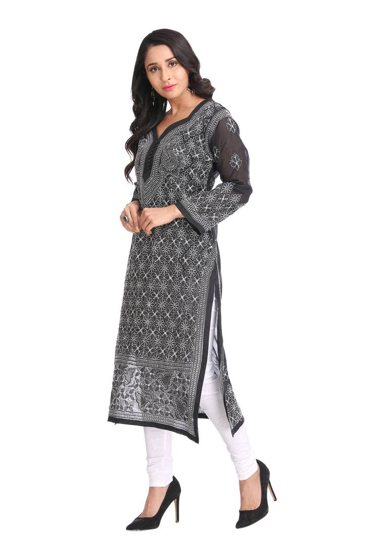 Ada Hand Embroidered Black Cotton Lucknow Chikan Kurti 