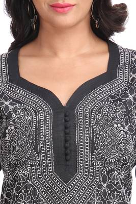 Ada Hand Embroidered Black Cotton Lucknow Chikan Kurti  5