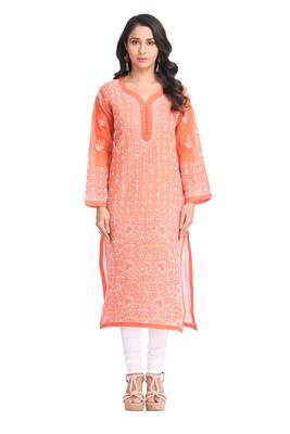 Ada Hand Embroidered Rust Cotton Lucknow Chikan Kurti  A325761 1