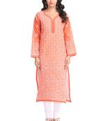 Ada Hand Embroidered Rust Cotton Lucknow Chikan Kurti  A325761