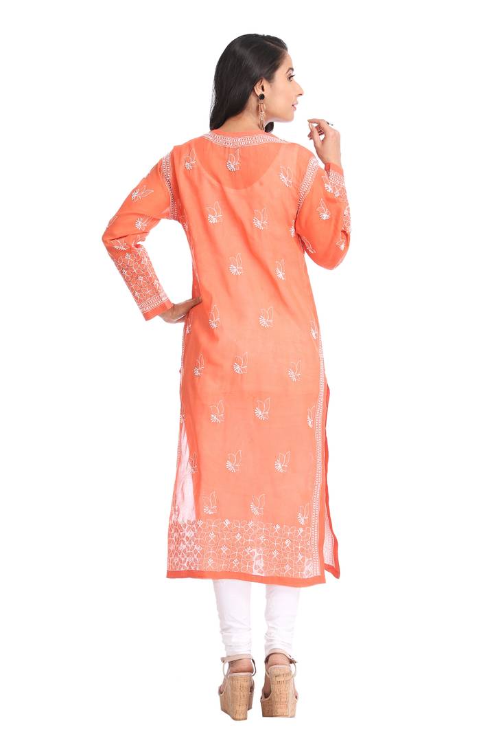 Ada Hand Embroidered Rust Cotton Lucknow Chikan Kurti  A325761