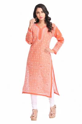 Ada Hand Embroidered Rust Cotton Lucknow Chikan Kurti  A325761 3