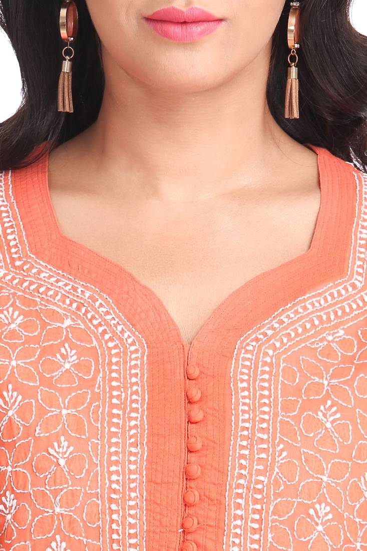 Ada Hand Embroidered Rust Cotton Lucknow Chikan Kurti  A325761