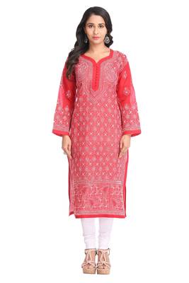Ada Hand Embroidered Maroon Cotton Lucknow Chikan Kurti 1