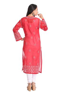 Ada Hand Embroidered Maroon Cotton Lucknow Chikan Kurti 2