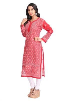 Ada Hand Embroidered Maroon Cotton Lucknow Chikan Kurti 3