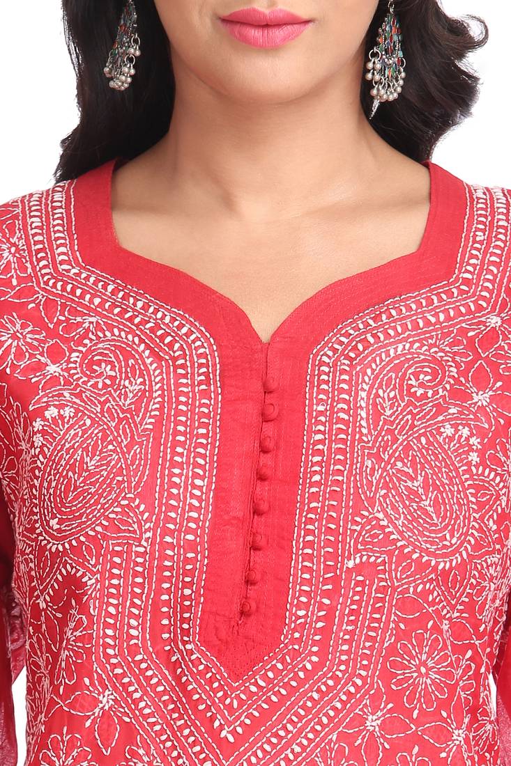 Ada Hand Embroidered Maroon Cotton Lucknow Chikan Kurti