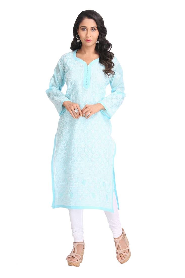 Ada Hand Embroidered Blue Cotton Lucknow Chikankari Kurti 