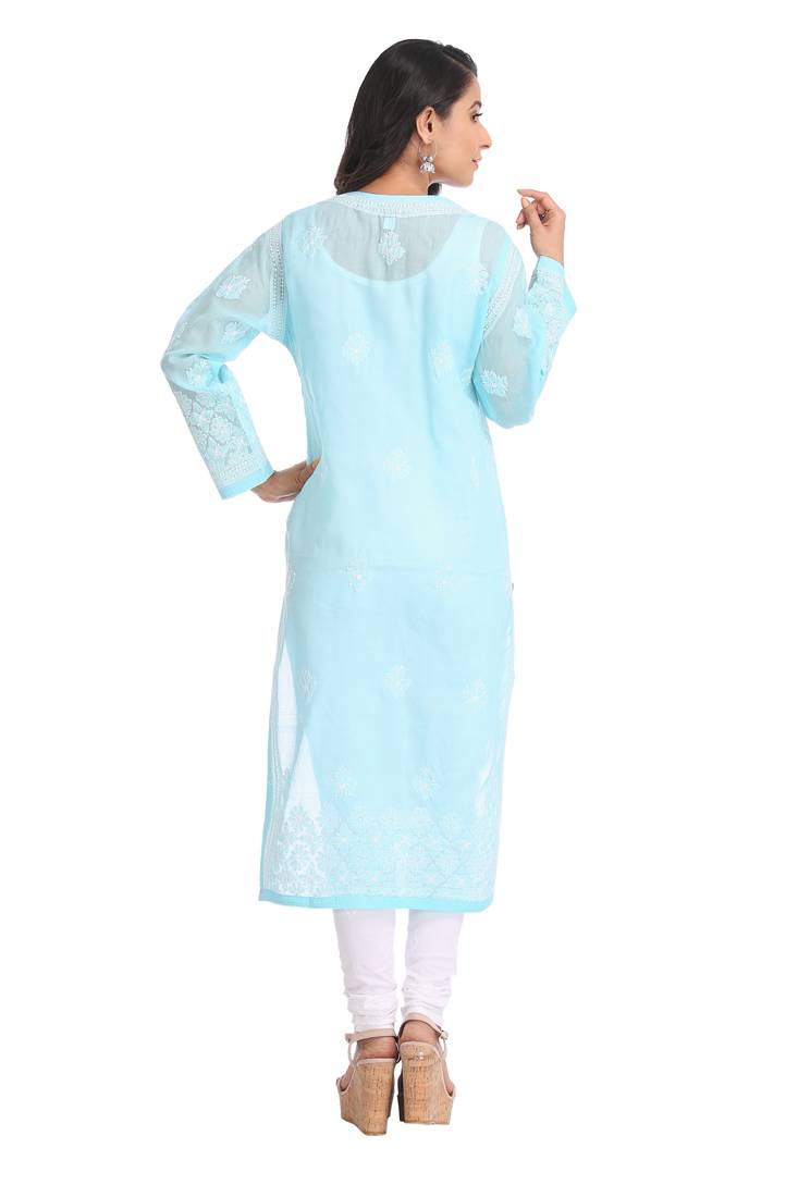 Ada Hand Embroidered Blue Cotton Lucknow Chikankari Kurti 