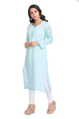 Ada Hand Embroidered Blue Cotton Lucknow Chikankari Kurti  4