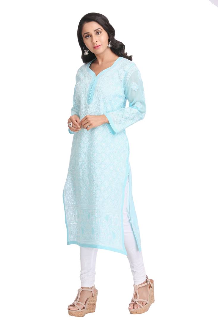 Ada Hand Embroidered Blue Cotton Lucknow Chikankari Kurti 