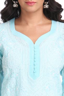 Ada Hand Embroidered Blue Cotton Lucknow Chikankari Kurti  5