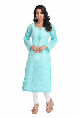 Ada Hand Embroidered Sea Green Cotton Lucknow Chikankari Kurti   A356676 1