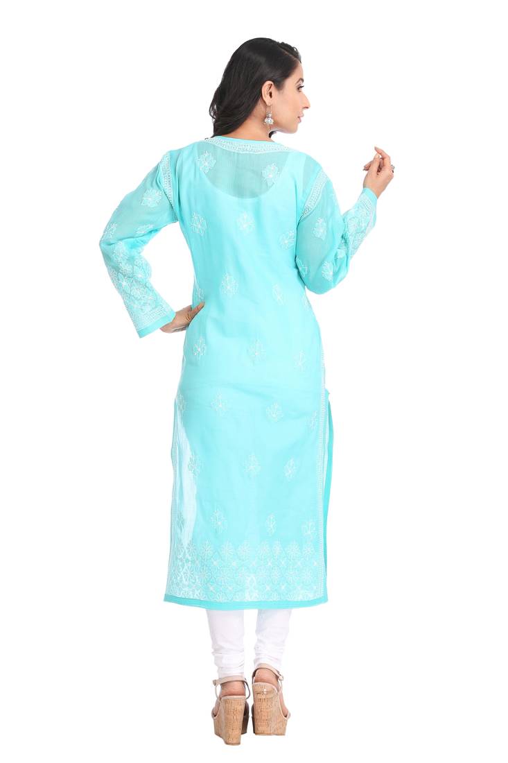 Ada Hand Embroidered Sea Green Cotton Lucknow Chikankari Kurti   A356676