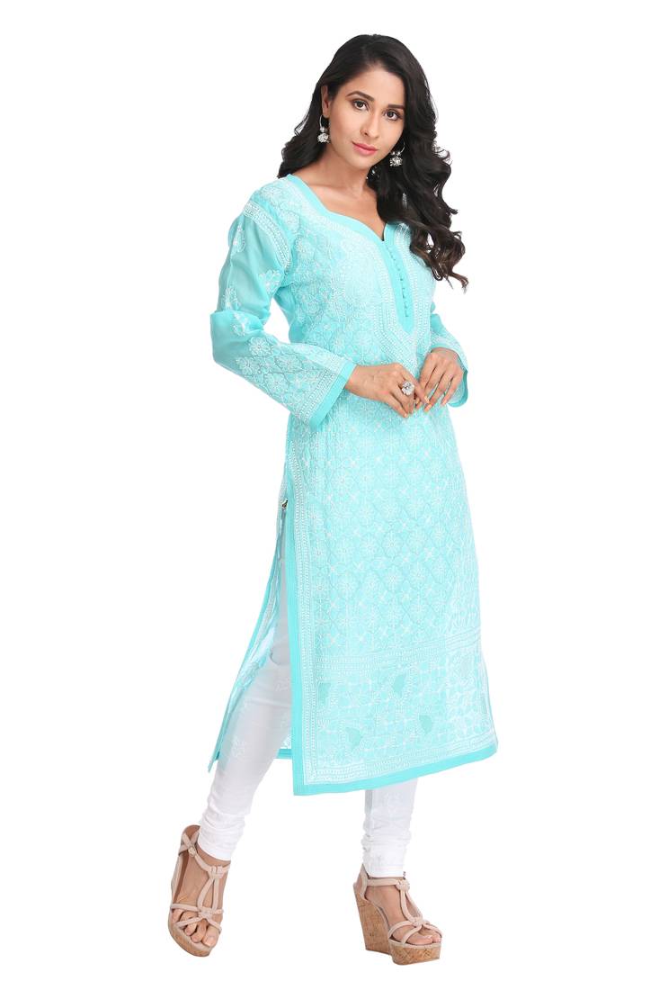 Ada Hand Embroidered Sea Green Cotton Lucknow Chikankari Kurti   A356676