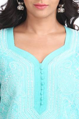 Ada Hand Embroidered Sea Green Cotton Lucknow Chikankari Kurti   A356676 4