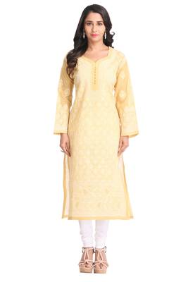 Ada Hand Embroidered Fawn Cotton Lucknowi Chikan Kurti  1