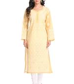 Ada Hand Embroidered Fawn Cotton Lucknowi Chikan Kurti 