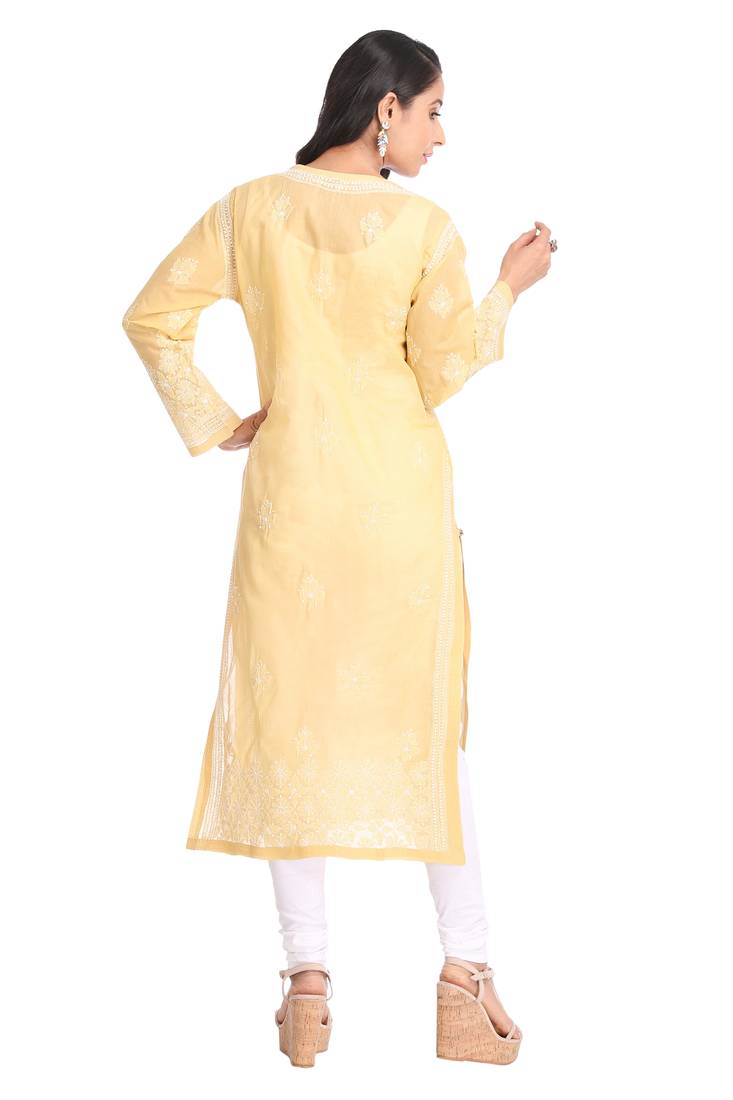 Ada Hand Embroidered Fawn Cotton Lucknowi Chikan Kurti 