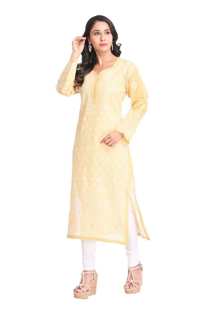Ada Hand Embroidered Fawn Cotton Lucknowi Chikan Kurti 