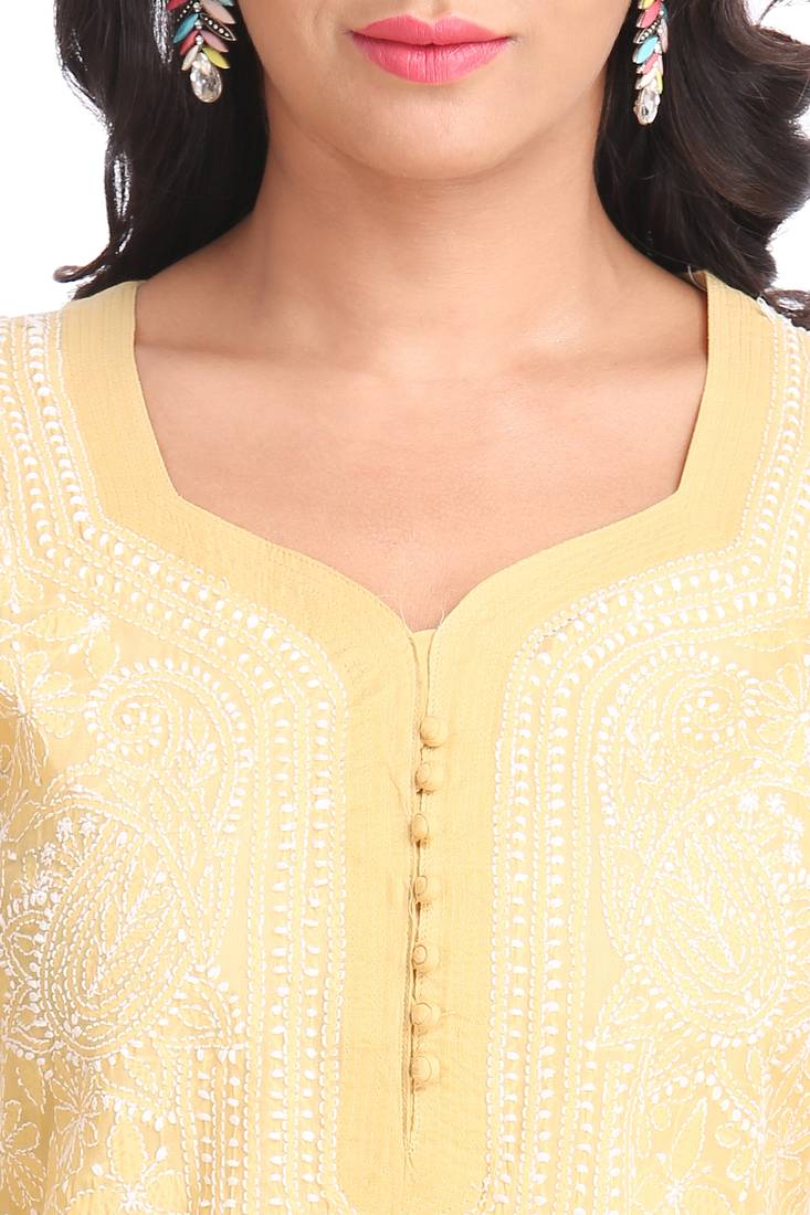Ada Hand Embroidered Fawn Cotton Lucknowi Chikan Kurti 