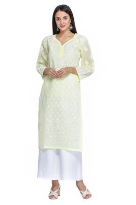 Ada Hand Embroidered Lemon Cotton Lucknowi Chikan Kurti  1