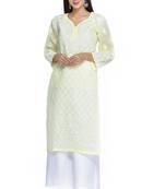 Ada Hand Embroidered Lemon Cotton Lucknowi Chikan Kurti 