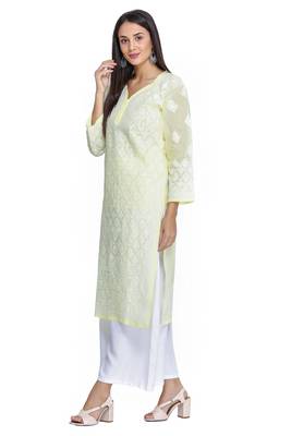 Ada Hand Embroidered Lemon Cotton Lucknowi Chikan Kurti  3