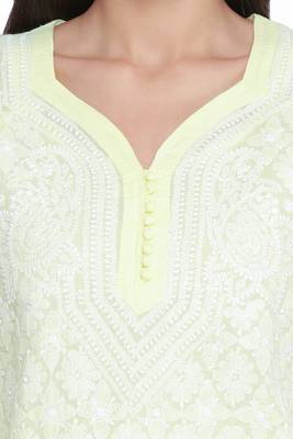 Ada Hand Embroidered Lemon Cotton Lucknowi Chikan Kurti  4