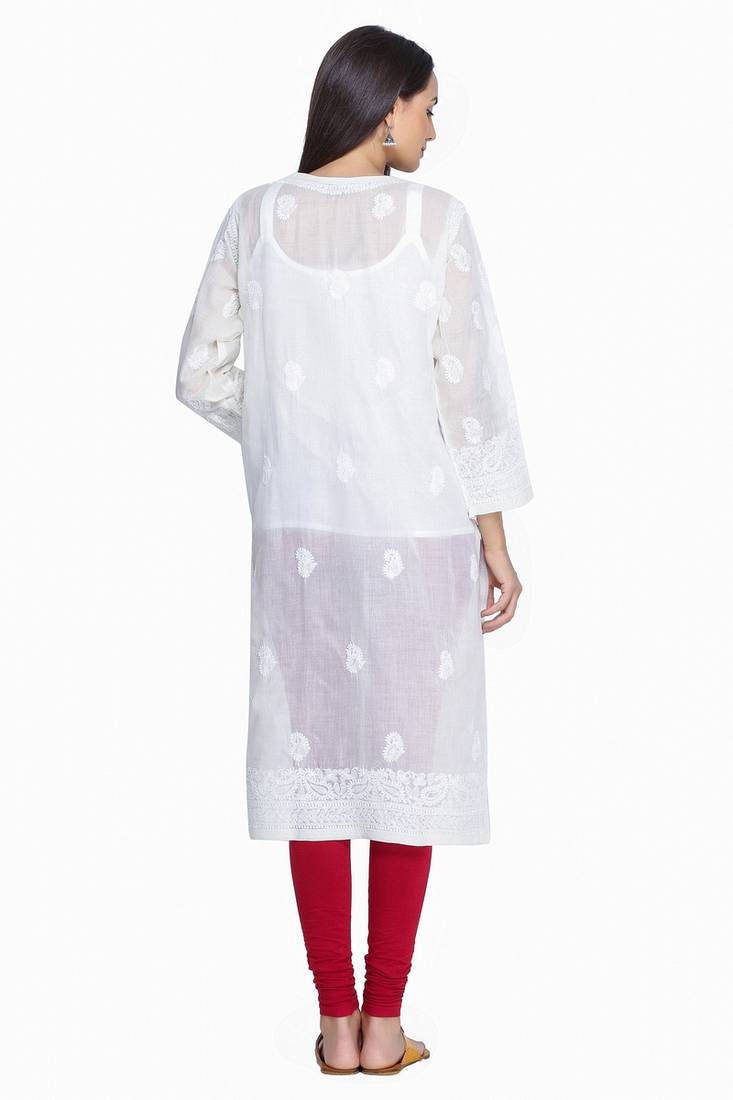 Ada Hand Embroidered Lemon Pure Cotton Lucknowi Chikan Kurti