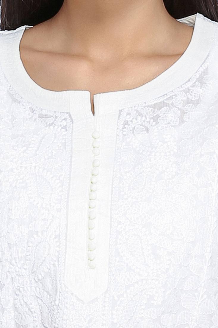 Ada Hand Embroidered Lemon Pure Cotton Lucknowi Chikan Kurti