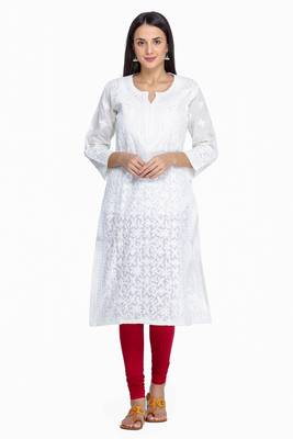 Ada Hand Embroidered Lemon Cotton Lucknow Chikankari Kurti 1