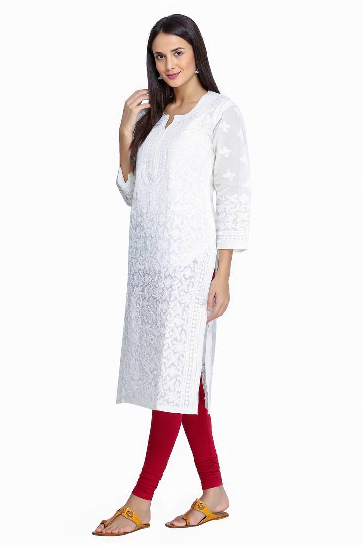Ada Hand Embroidered Lemon Cotton Lucknow Chikankari Kurti