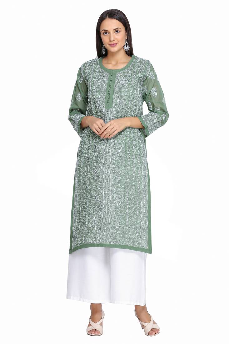 Ada Hand Embroidered Green Cotton Lucknow Chikan Kurti 