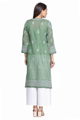Ada Hand Embroidered Green Cotton Lucknow Chikan Kurti  3