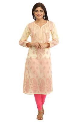 Ada Hand Embroidered Fawn Cotton Lucknow Chikan Kurti  1