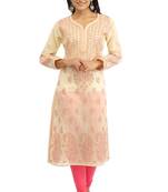 Ada Hand Embroidered Fawn Cotton Lucknow Chikan Kurti 